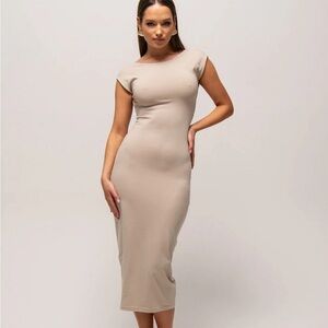 H&M Tan Bodycon Midi Dress Cap Sleeve Bateau Neckline Minimalist